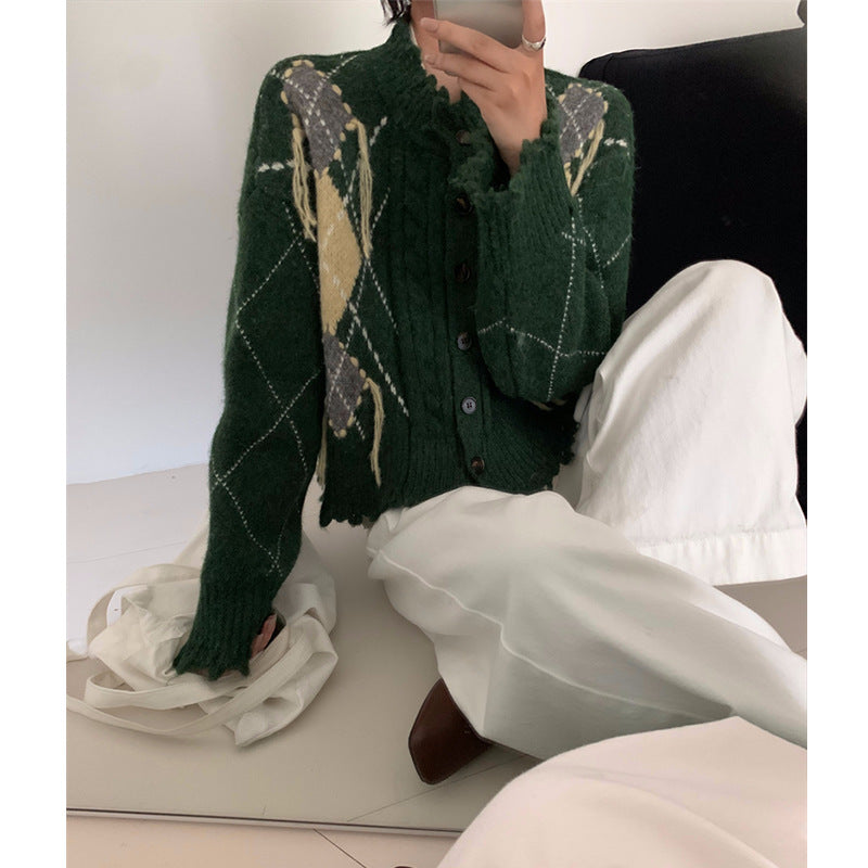 Tassel knit cardigan women's contrasting diamond grid sweater jacket