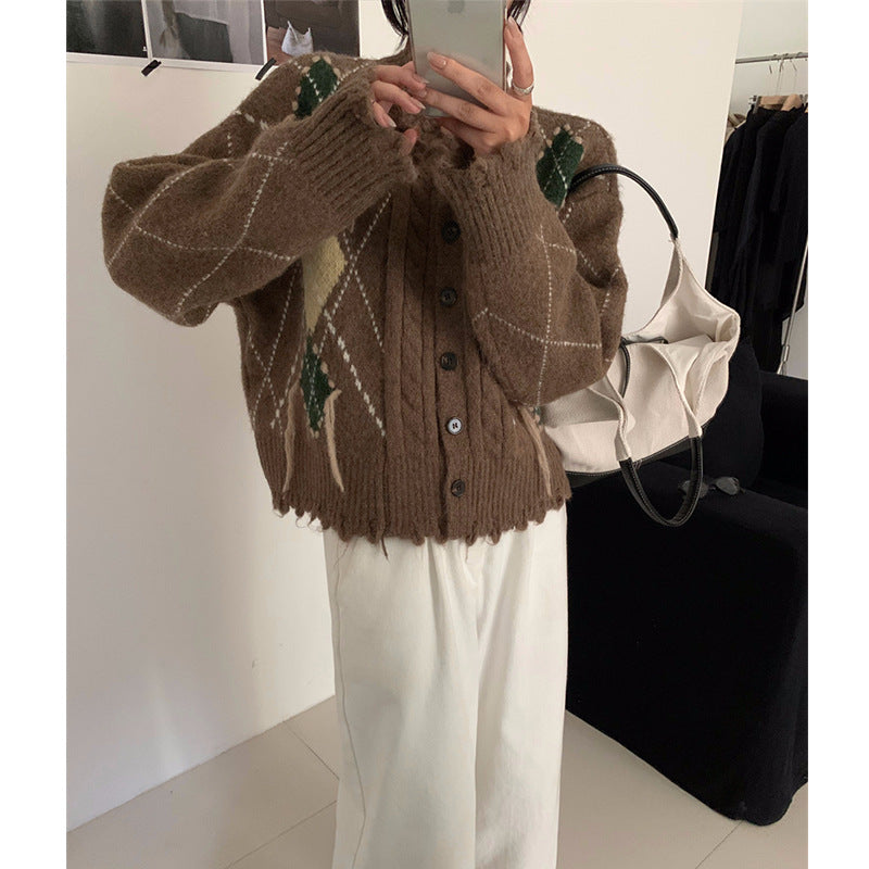 Tassel knit cardigan women's contrasting diamond grid sweater jacket