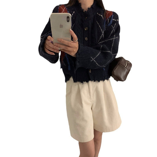 Tassel knit cardigan women's contrasting diamond grid sweater jacket
