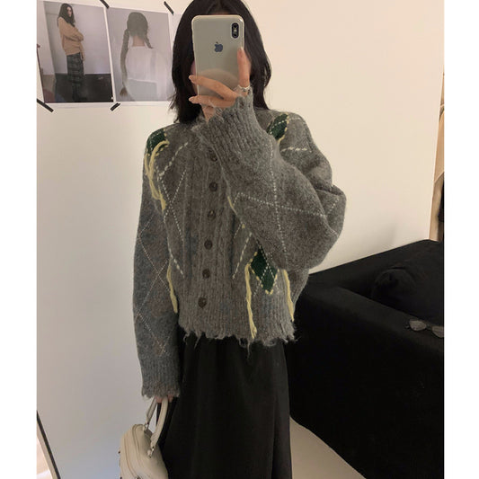 Tassel knit cardigan women's contrasting diamond grid sweater jacket